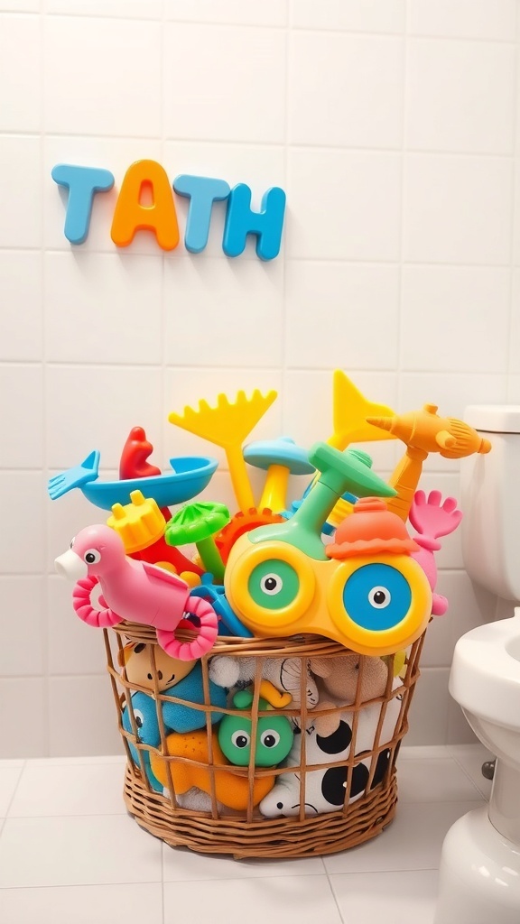 A basket filled with colorful bath toys in a bathroom setting.
