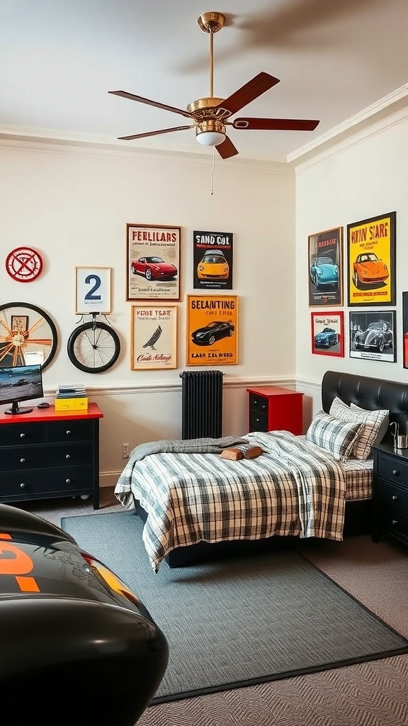 Boys bedroom designed like a classic car garage with vintage decor