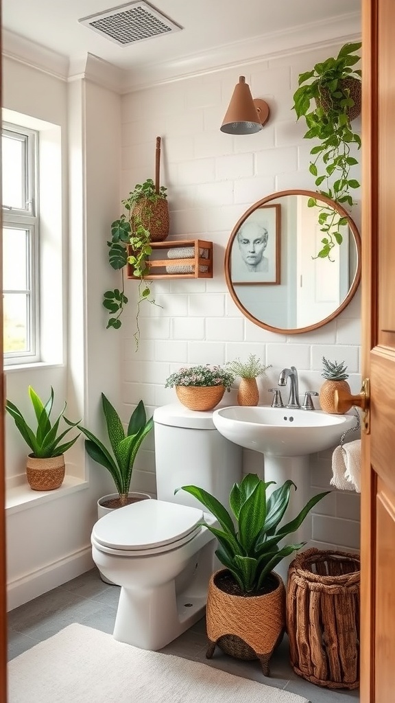 A rustic farmhouse bathroom featuring various plants in woven pots, a round mirror, and wooden accents.