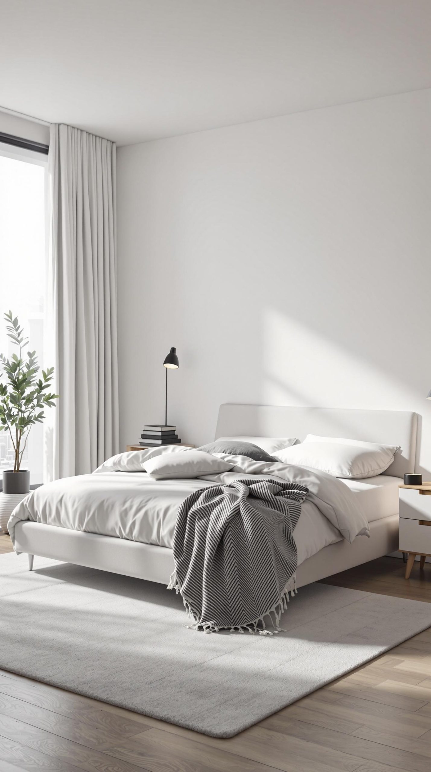 A sleek modern minimalist bedroom featuring a low-profile bed, neutral colors, and natural light.