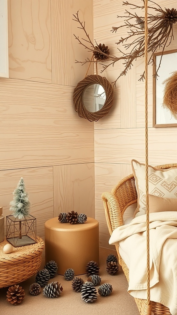 Cozy fall decor featuring wooden accents and natural elements like pinecones and twigs.