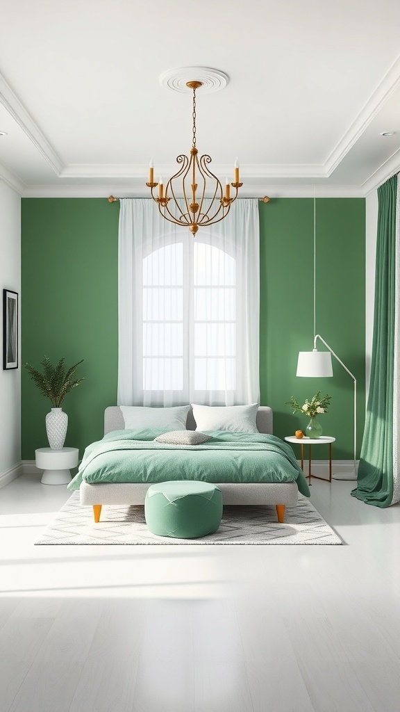 A bedroom featuring a green wall, white bedding, and a cozy atmosphere.