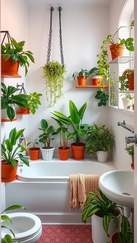 A boho bathroom filled with various indoor plants in pots, showcasing a vibrant and lively atmosphere.