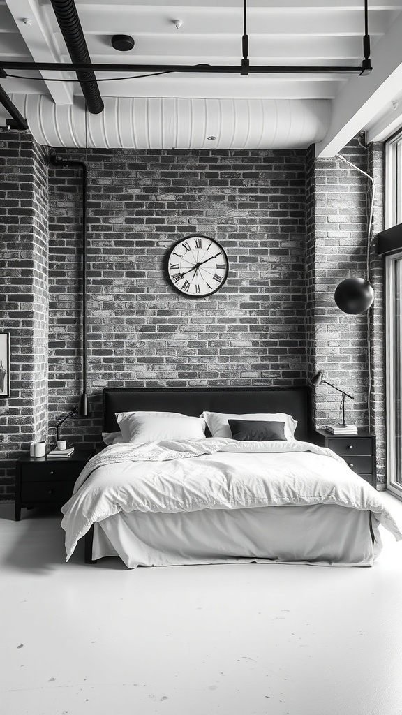 Industrial style bedroom with exposed brick wall, black and white color scheme, and modern furniture.