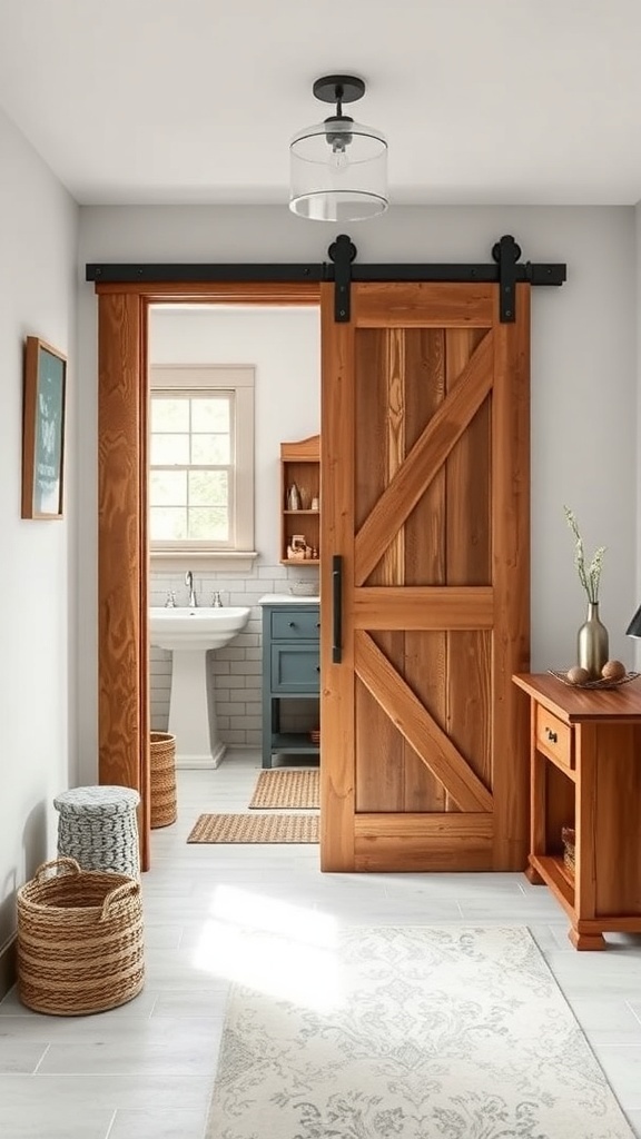 A rustic barn door leading into a bathroom with a cozy design.