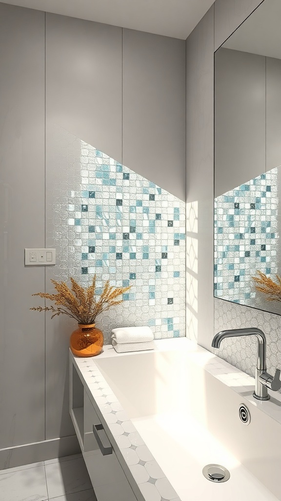 A modern bathroom featuring a glass tile backsplash in shades of blue and white, with a sleek sink and decorative vase.