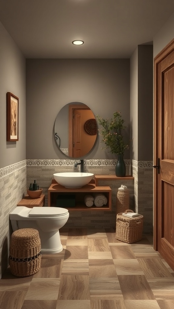 A rustic bathroom featuring earthy color palettes with wooden elements and woven baskets.