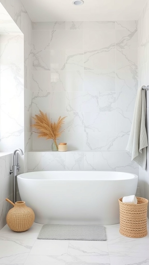 A neutral bathroom with marble walls, a freestanding tub, and natural decor elements.