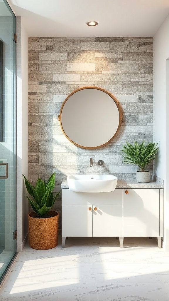 A modern bathroom with a natural stone backsplash, round mirror, and plants, showcasing eco-friendly design.