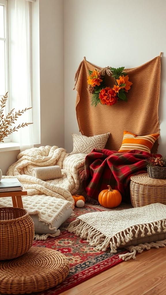 Cozy fall decor with layered blankets and rugs in warm tones.