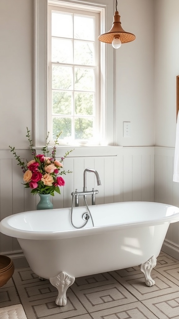A bright bathroom featuring a freestanding white bathtub, a pendant light, and a vase of flowers.