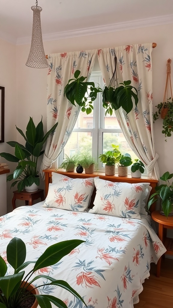 A cozy bedroom featuring botanical prints on bedding and curtains, with various plants decorating the space.