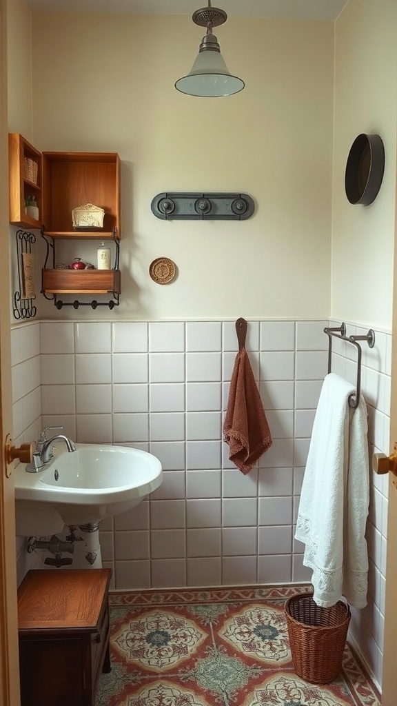 A rustic bathroom featuring vintage accessories, including wooden shelves, an industrial light fixture, patterned floor tiles, and woven baskets.