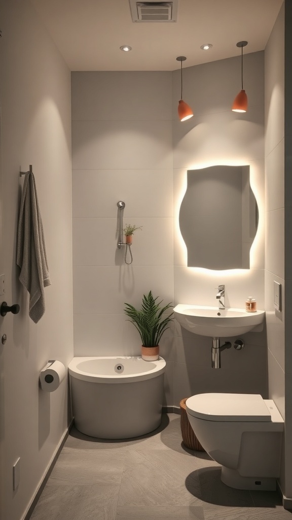 A modern bathroom featuring smart lighting, a stylish mirror, and a plant for a touch of nature.