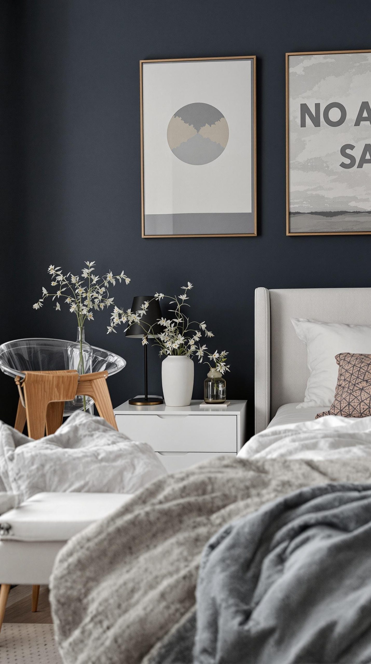A stylish bedroom featuring dark navy walls, light furniture, and decorative elements.