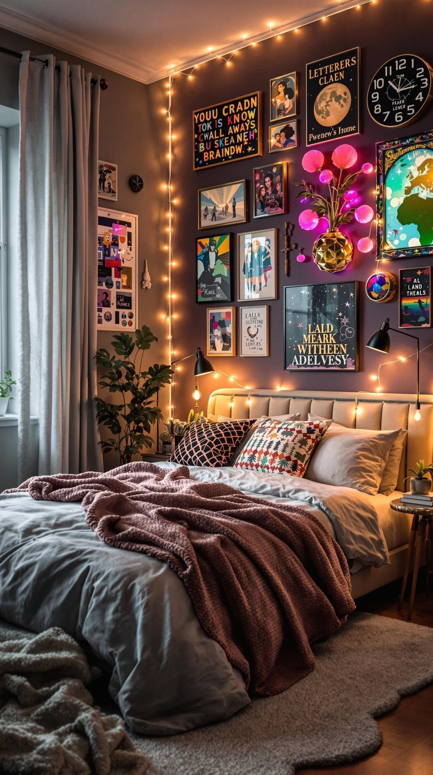 A cozy bedroom featuring a variety of unique wall art, string lights, and a comfortable bed.