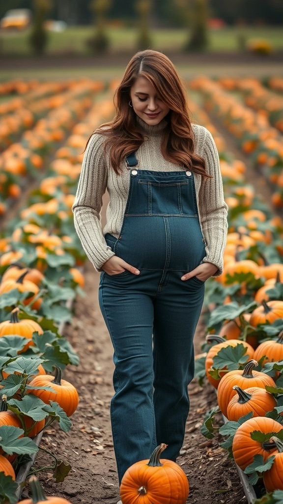 Pregnant woman in a cozy sweater and denim overalls walking through a pumpkin patch