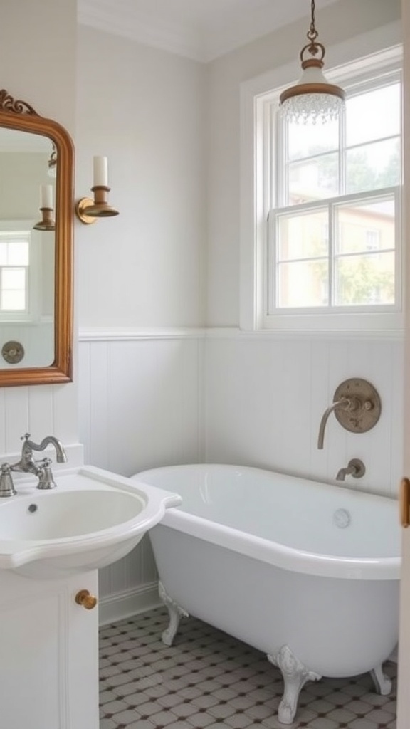 A vintage coastal bathroom featuring a clawfoot tub, elegant sink, and a vintage mirror with brass fixtures.