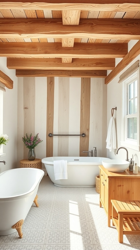 A coastal bathroom featuring rustic wood beams and elements, with a freestanding bathtub and wooden vanity.