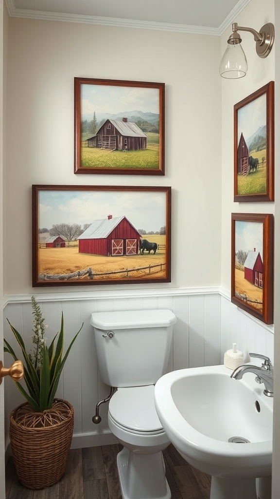 Bathroom with farm-inspired artwork featuring paintings of barns and fields