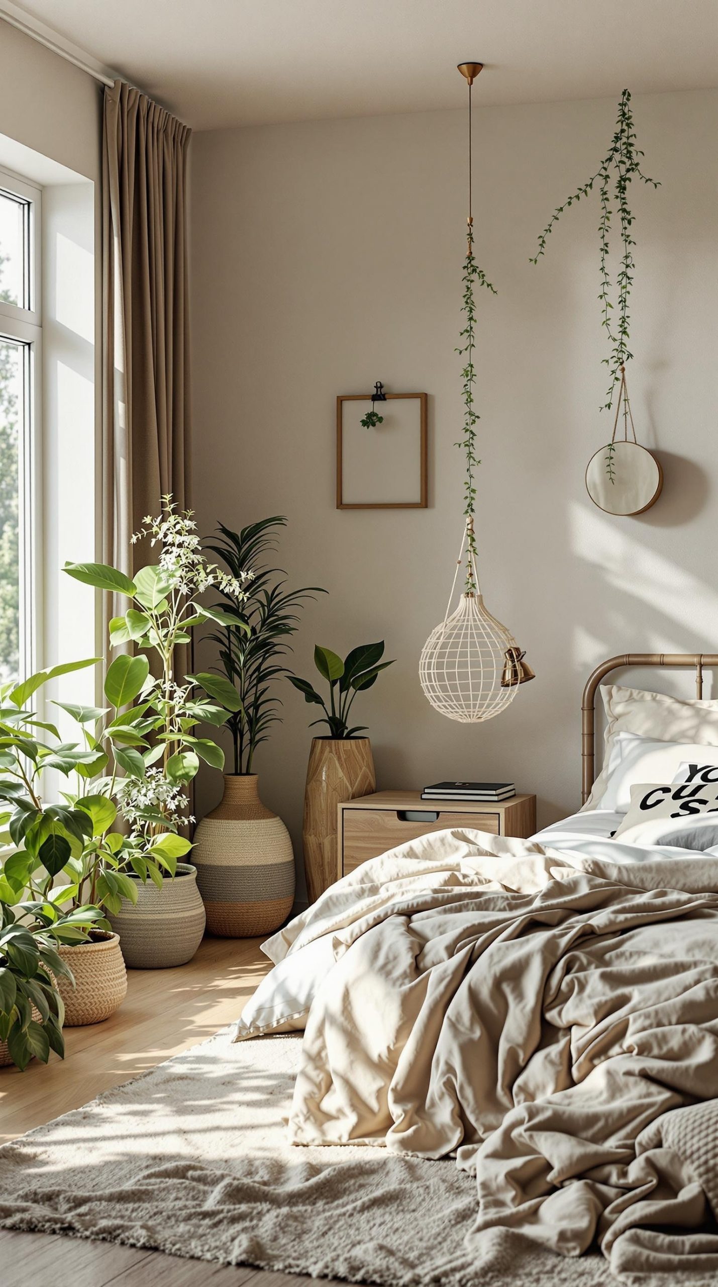 A cozy bedroom with plants, neutral bedding, and natural decor elements.