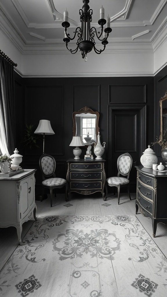 A vintage-inspired black and white bedroom featuring dark walls, elegant furniture, and a chandelier.