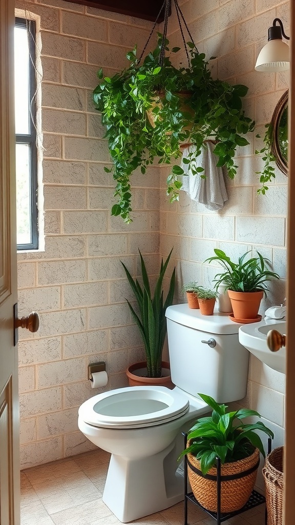 A rustic bathroom with live plants, including a hanging plant and potted plants on the floor.