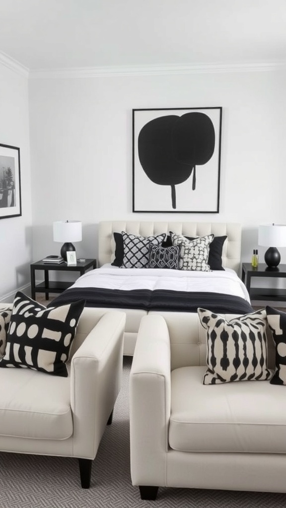 A modern black and white bedroom featuring a large abstract artwork, patterned bedding, and sleek armchairs.