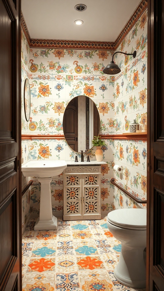 A boho bathroom featuring colorful decorative tiles on the walls and floor, with a pedestal sink and wooden accents.