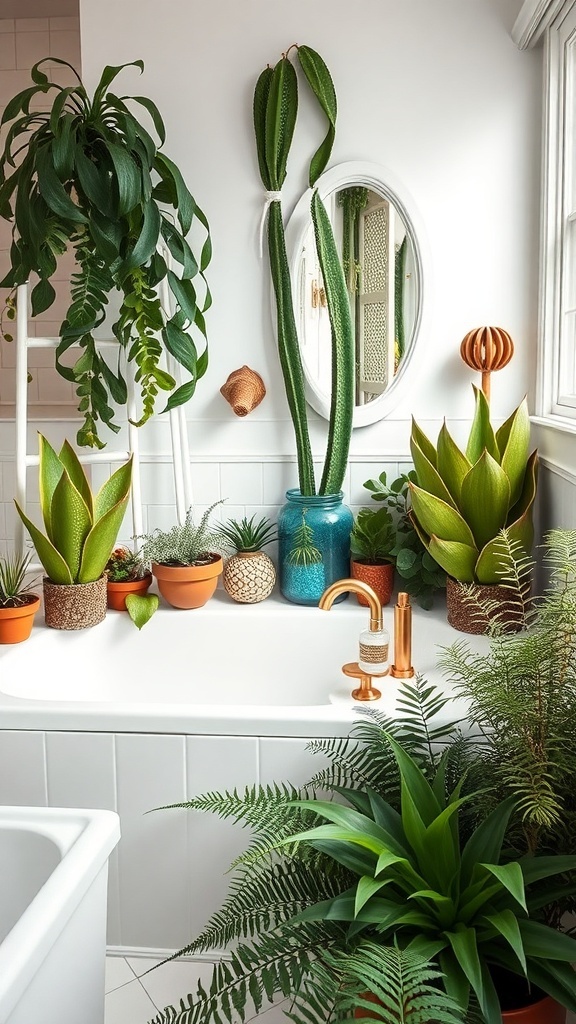 A bathroom with various coastal plants, including ferns, snake plants, and succulents, arranged around a bathtub.