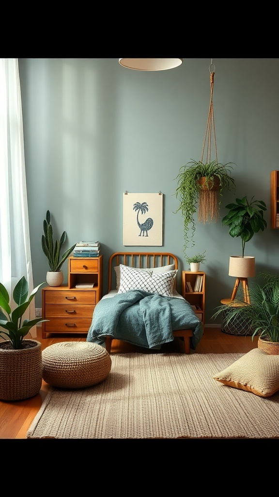 A cozy boys bedroom featuring earthy tones, plants, and wooden furniture.