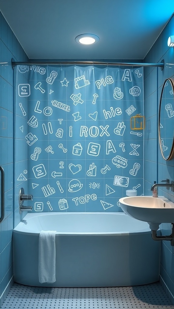 A playful blue shower curtain with doodles and symbols in a kids' bathroom.