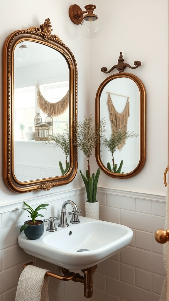 A boho bathroom featuring vintage mirrors, a sink, and decorative plants.