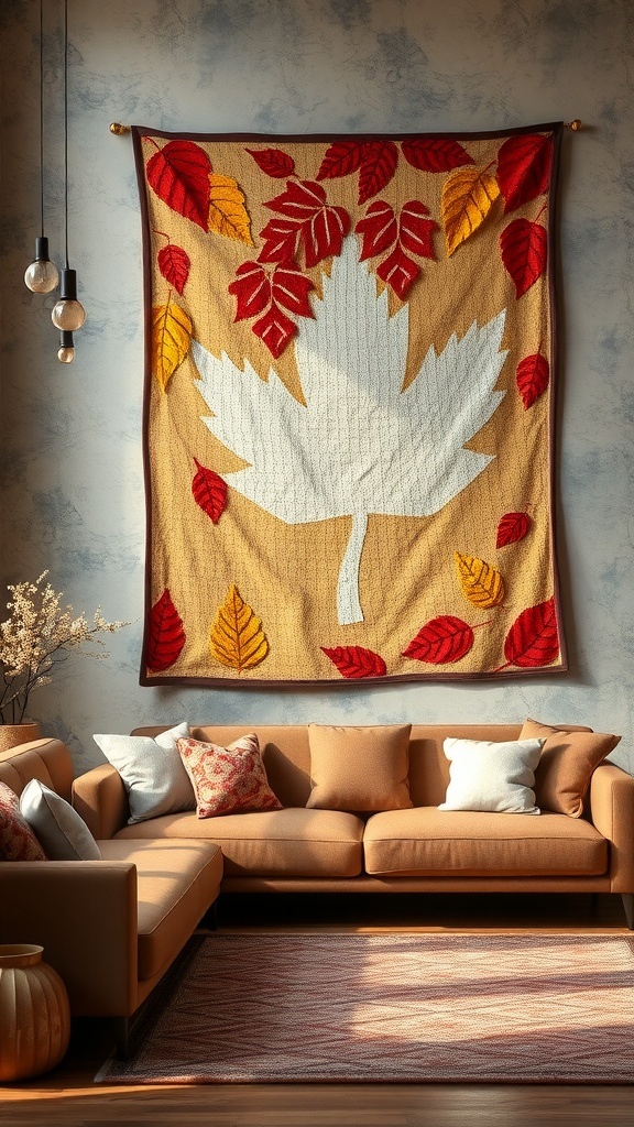 A cozy quilt with autumn leaves hanging on a wall above a sofa.