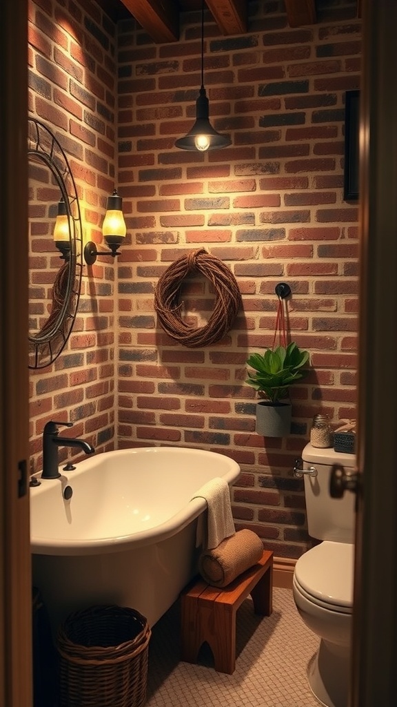 A rustic bathroom featuring exposed brick walls, a white bathtub, wooden accents, and soft lighting.