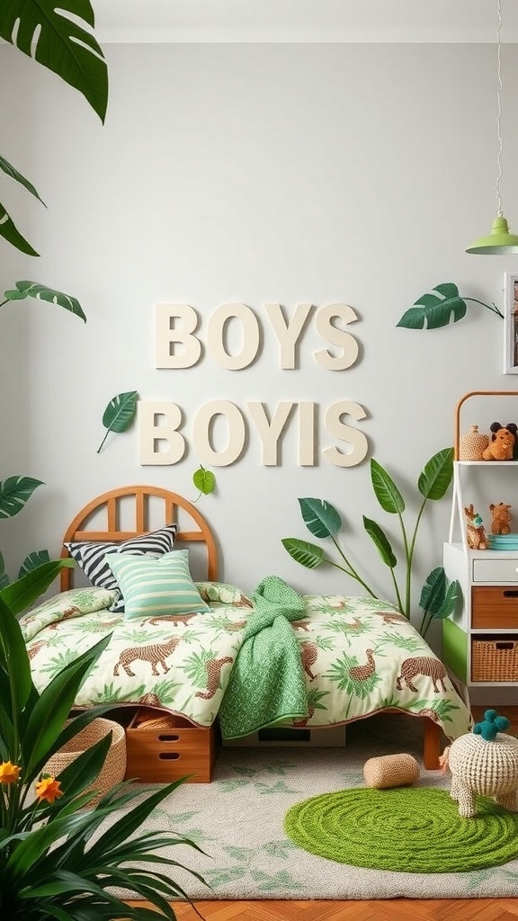 A boys bedroom designed with a jungle safari theme featuring animal prints, green accents, and decorative plants.