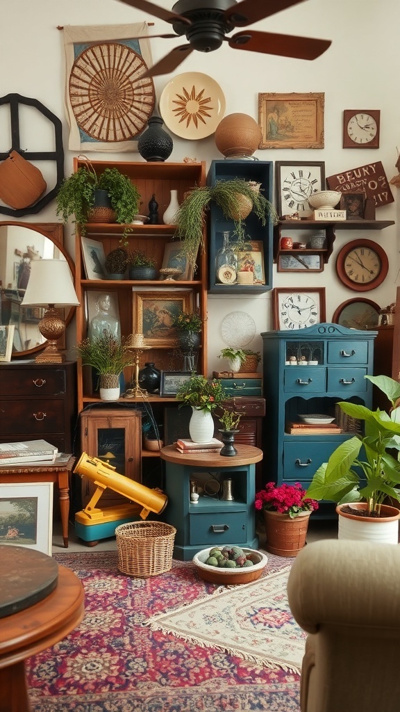 A cozy room filled with vintage decor, including shelves of old clocks, plants, and colorful baskets.