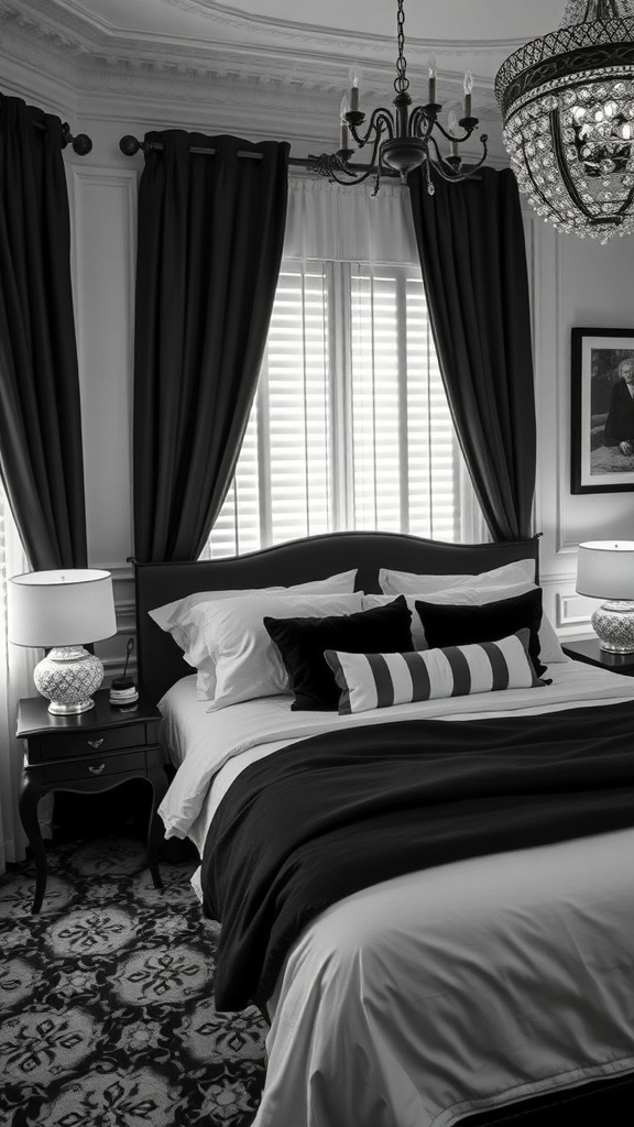 Stylish black and white bedroom with elegant decor