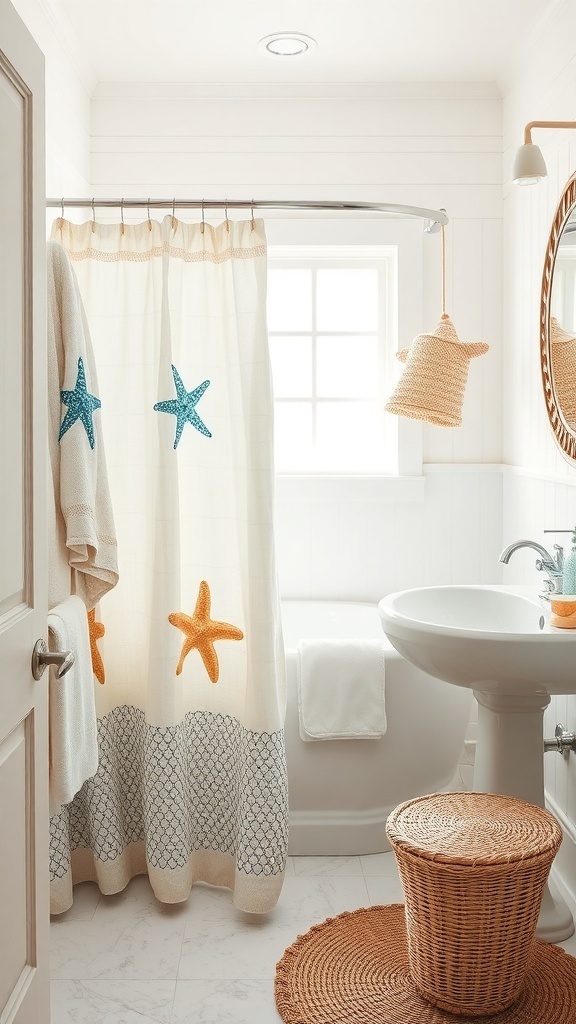 A coastal-themed bathroom featuring a starfish shower curtain, fluffy towels, and a woven basket.