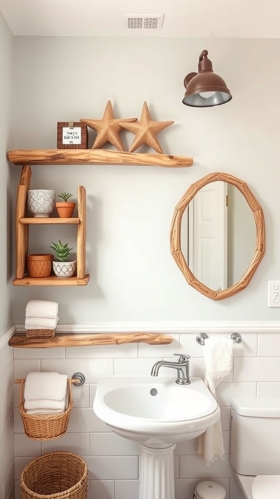 A coastal bathroom featuring driftwood shelves, a round mirror, and natural storage baskets.