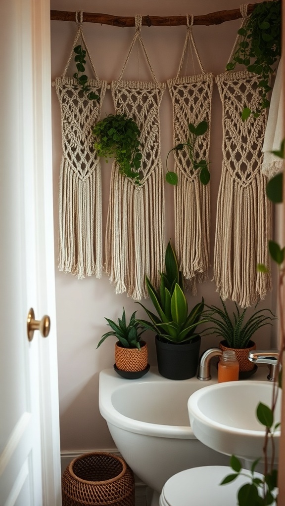 Macrame wall hangings with plants in a bathroom setting