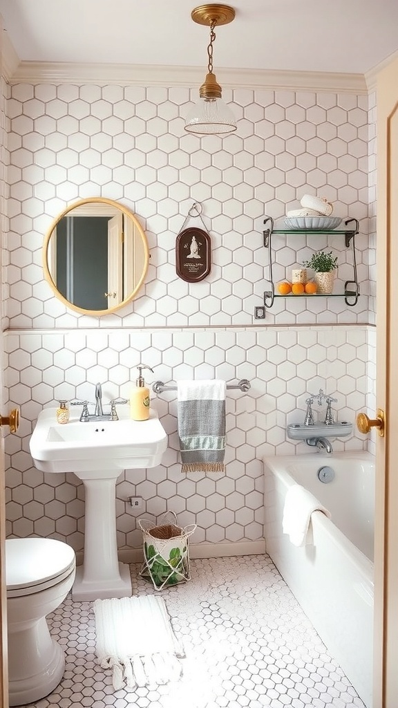 A vintage-style bathroom featuring hexagon tiles on the walls and floor, a pedestal sink, and a bathtub.