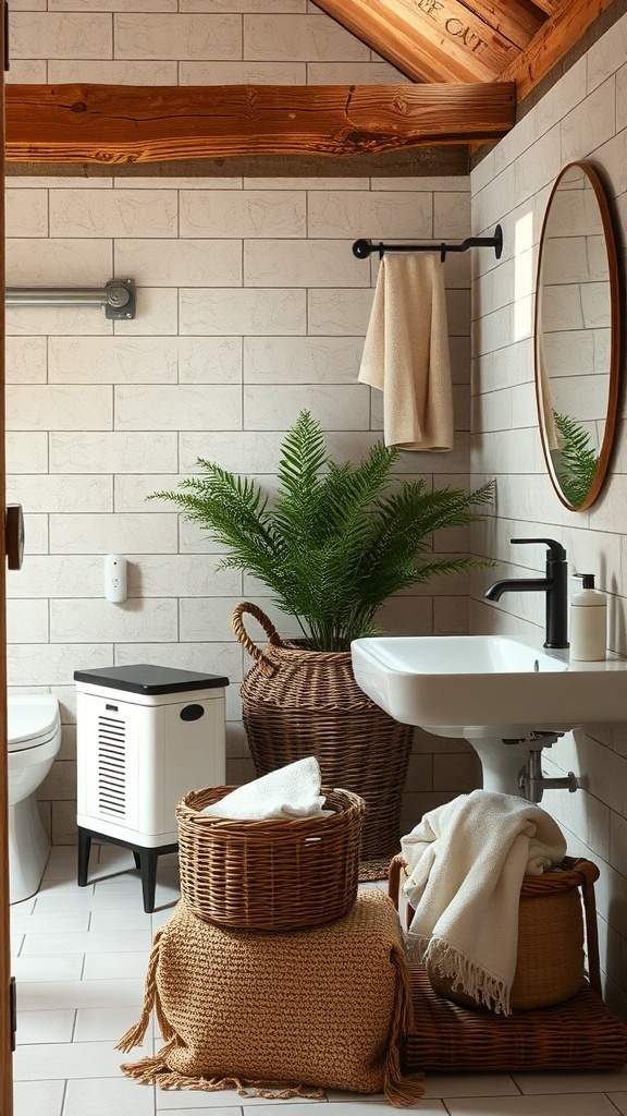 A cozy farmhouse bathroom featuring textured textiles, including woven baskets and soft towels.