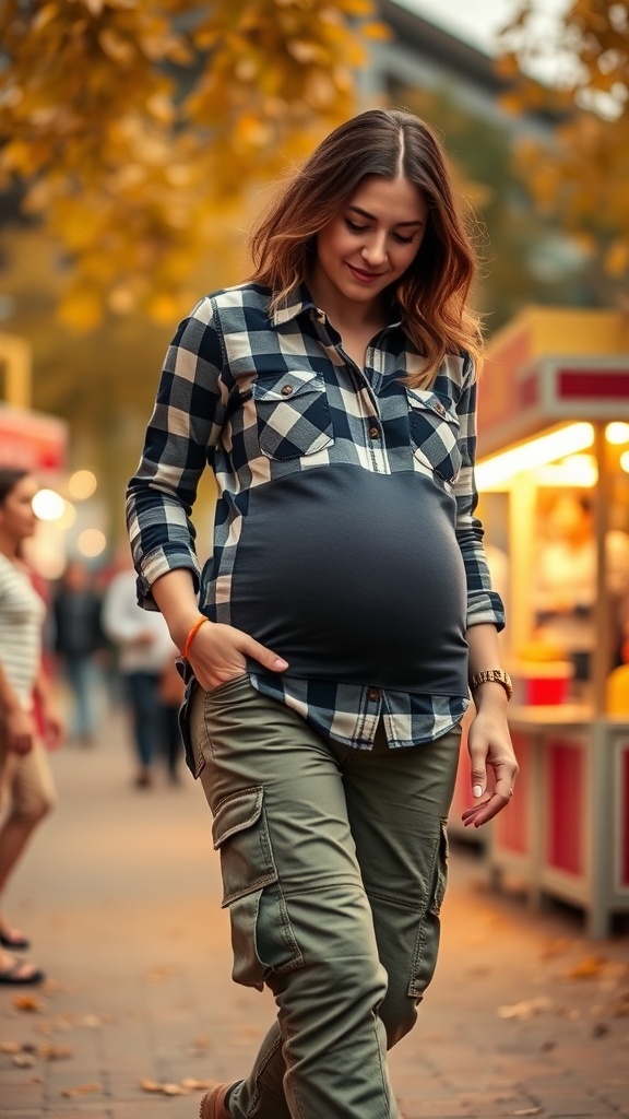 A pregnant woman wearing a plaid shirt and cargo pants, walking in an outdoor setting with autumn leaves.