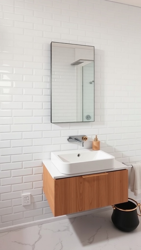 A modern bathroom featuring white subway tiles, a wooden vanity, and a sleek mirror.