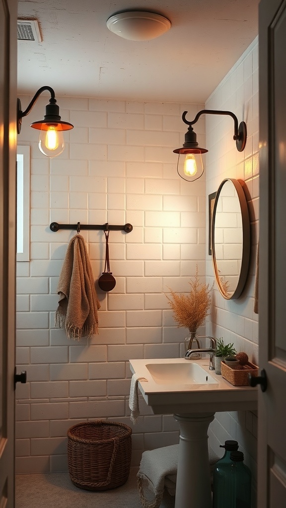 A rustic bathroom with wall sconces, white subway tiles, and natural decor.