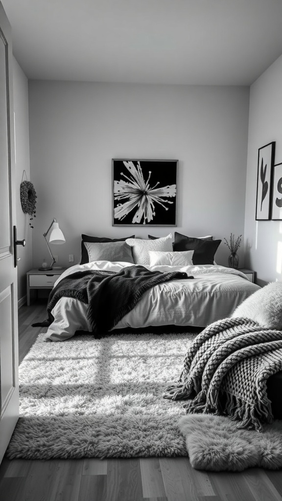 A stylish black and white bedroom featuring layered textures with a cozy bed, fluffy rug, and striking artwork.