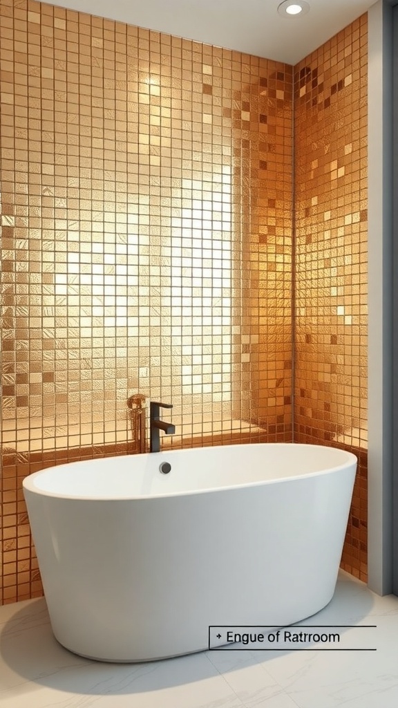 A bathroom featuring a copper metallic backsplash with a modern white bathtub.