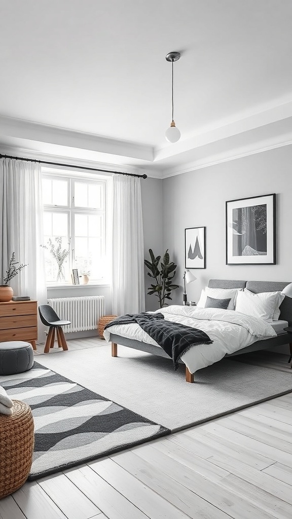A modern Scandinavian bedroom featuring a minimalist design with black and white decor, light wood flooring, and natural elements.