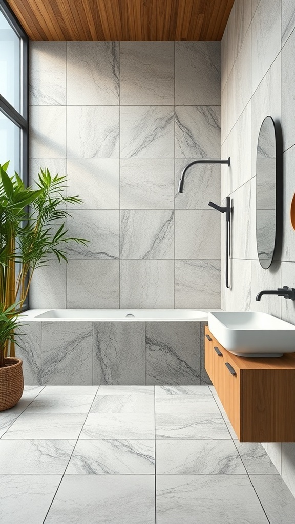 A modern bathroom featuring stone-like tiles, a wooden ceiling, a stylish sink, and a plant.